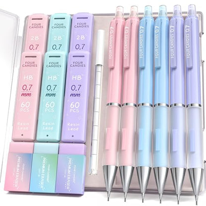 Four Candies Pastel Mechanical Pencil Set, 0.7mm Medium Point, Pack of 6 | 360 HB/2B Leads, 3 Erasers+9 Refills, Storage Case, Cute Pink/Purple/Blue Barrels, Rubber Grip, for School Note Taking, Exams - style: 0.7 mm