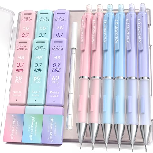Four Candies Pastel Mechanical Pencil Set, 0.7mm Medium Point, Pack of 6 | 360 HB/2B Leads, 3 Erasers+9 Refills, Storage Case, Cute Pink/Purple/Blue Barrels, Rubber Grip, for School Note Taking, Exams - style: 0.7 mm