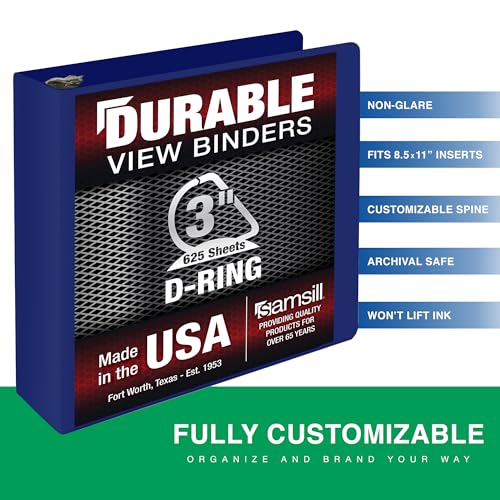 Samsill Durable 3 Inch Binder, D Ring Binder, Customizable Clear View Cover, Dark Blue, Holds 625 Pages - color: Dark Blue, size: 3 Inch