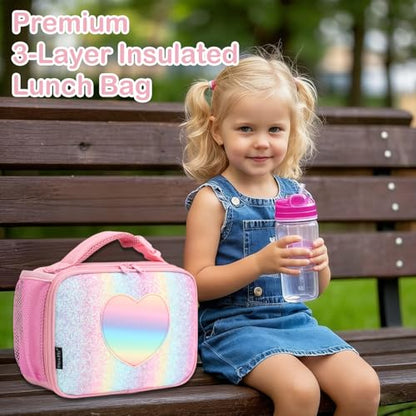 FlowFly Kids Lunch box Insulated Soft Bag Mini Cooler Back to School Thermal Meal Tote Kit for Girls, Boys, Glitter-RainBow - color: Glitter&Rainbow