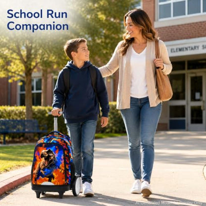 KLFVB Big Quiet-Glide Wheels Rolling Backpack, 3-in-1 Roller Bag Set with Lunch Bag | Water-Resistant Wheeled Bookbag for Boys, School, Travel, Play - Flame T-Rex - color: Rolling Backpack with Big Wheels - Flame T-Rex