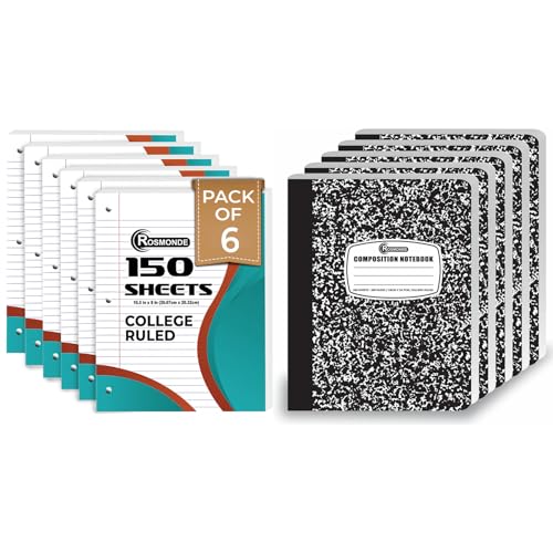 Rosmonde College Ruled Combo, Loose Leaf Paper, 450 Sheets, 6 Pack, 3 Hole Punched & Black Marble 5 Pack Composition Book, Hard Cover, Sturdy Sewn Binding, School, College & Office Supplies