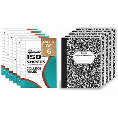 Rosmonde College Ruled Combo, Loose Leaf Paper, 450 Sheets, 6 Pack, 3 Hole Punched & Black Marble 5 Pack Composition Book, Hard Cover, Sturdy Sewn Binding, School, College & Office Supplies