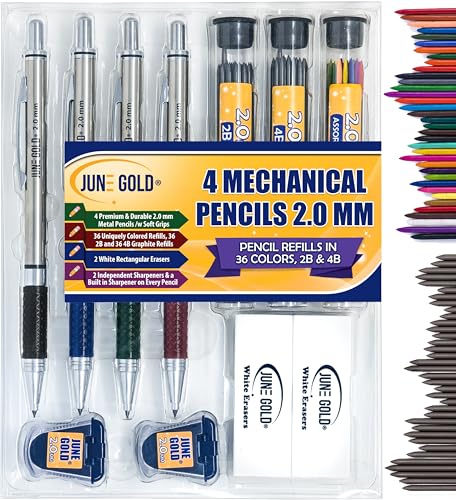 June Gold 4 Mechanical Pencils, 2.0 mm, 108 Refills, 2 Sharpeners,2 Erasers | 36 Unique Colors, 36 2B, and 36 4B Lead Refills, Break Resistant Graphite, Built in Sharpeners, Soft Non-Slip Grip