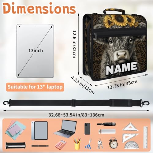 Custom Zipper Binder Leopard Print Highland Cow 3 Ring Binder 1.5 Inch Expanding Pockets File Folder Large Capacity Document Organizer Bag with Handle and Strap - color: Multi 7
