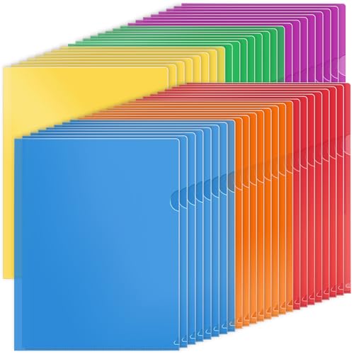 KTRIO Clear Plastic Folders Project Pockets for 8.5x11 Document, 48 Pack | Heavy-Duty Paper Sleeves in 6 Bright Colors, Fits Letter Size (Not A4), L-Shaped Design with Thumb Notch for Easy Access - color: 6 Bright Colors, size: 48 Pack