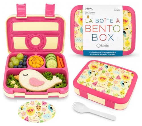 kinsho Bento Lunch Box for Kids Toddlers Girls, 4 Portion Sections Secure Lid, Microwave Safe BPA Free Removable Tray, Pre-School Kid Daycare Lunches Snack Container Ages 3 to 5, Cute Summer - color: Cute Summer Bento