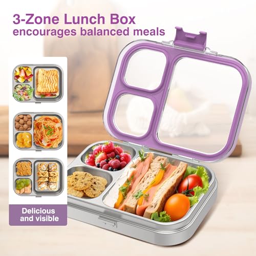 HOMEKOL Stainless Steel Bento Lunch Box, Purple, 3.3Cups | 3-Compartment,Leak-Proof, for Kids & Adults, BPA-Free, Dishwasher Safe, Clear Tritan Lid, 800ml (Not Insulated) - color: Purple, size: 27oz (800ml)