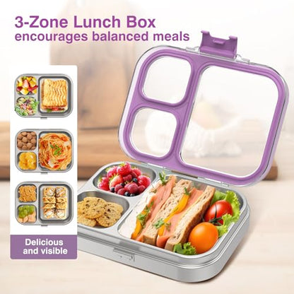 HOMEKOL Stainless Steel Bento Lunch Box, Purple, 3.3Cups | 3-Compartment,Leak-Proof, for Kids & Adults, BPA-Free, Dishwasher Safe, Clear Tritan Lid, 800ml (Not Insulated) - color: Purple, size: 27oz (800ml)