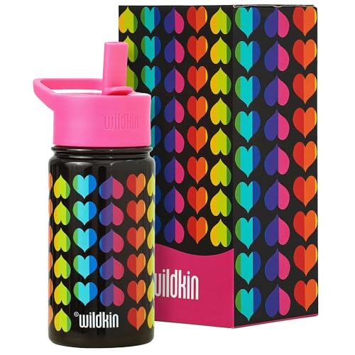Wildkin Kids Stainless Steel Water Bottle, 14oz, Rainbow Hearts | 14oz insulated steel water bottle — coordinates with matching Wildkin backpacks and lunch boxes - color: Rainbow Hearts, size: 14 Oz