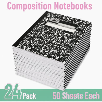 Mr. Pen- Composition Notebooks, 24 Pack, 50 Sheets, 9.75" x 7.5" | Black Marble, Wide Ruled, Bulk Composition Book with Hard Cover for School, College & Office Supplies - size: 24 Pack