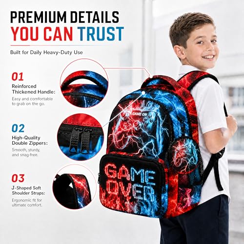 Game Backpack Set for Boys Kids – 17" Large Capacity Gaming School Bag with Lunch Box, Pencil Bag and Coin Purse (Blue&Red) - color: Blue&red-1