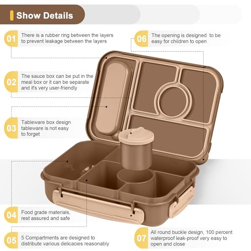 Amathley Bento Box Adult Lunch Box Kids,Lunch Containers for Adults/Kids/Toddler,5 Compartments Bento Lunch Box with Sauce Vontainers,Microwave & Dishwasher & Freezer Safe,BPA-Free (Brown) - color: Brown