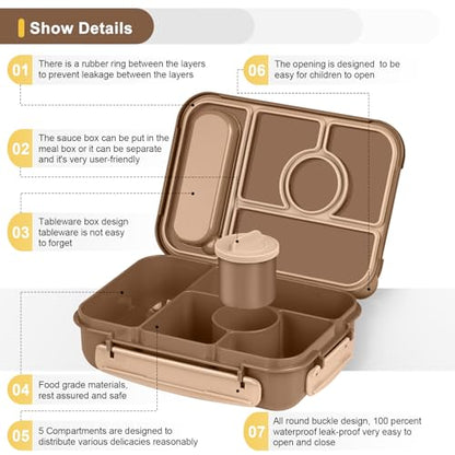 Amathley Bento Box Adult Lunch Box Kids,Lunch Containers for Adults/Kids/Toddler,5 Compartments Bento Lunch Box with Sauce Vontainers,Microwave & Dishwasher & Freezer Safe,BPA-Free (Brown) - color: Brown