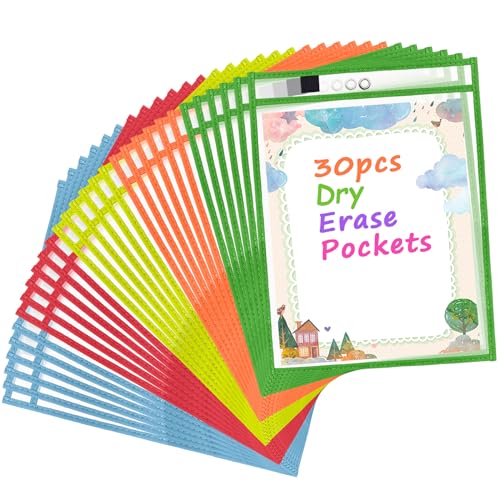 Antner 30 Packs Oversized Reusable Dry Erase Pocket Sleeves Clear Plastic Page Sleeves Sheet Protectors, 5 Assorted Colors 10x13" Ticket Document Holders, Shop Office School Teacher Classroom Supplies - color: 5 Assorted Colors