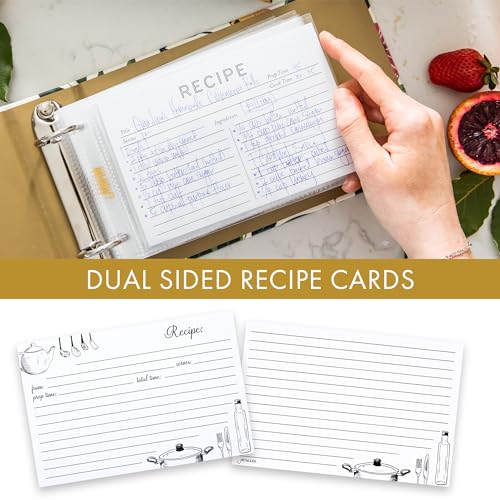 Jot & Mark 8.5" x 9.5" 3 Ring Recipe Binder 50 Matching 4x6 inch Recipe Cards, 25 Top & Bottom Binder Sleeve Sheet Protector, 5 Full-Page Undivided Sleeves, 6 Divider Tabs, Culinary Crockery | 50 Recipe Cards + 25 Sleeve Protectors + 5 Full-Page Sleeves +