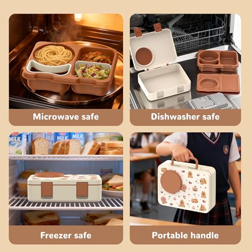 Kids Lunch Box with Thermo, Leakproof Bento Box for Kids with 8OZ Insulated Food Jar, Ice Pack, Sauce Cup, Utensils, Removable Tray & Dividers for School Daycare Travel (Capybaras) - color: Capybaras