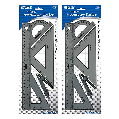 BAZIC Products 4-Piece Geometry Set with Compass, 2-Pack | 4-piece geometry set (12 in ruler, 30/60 and 45/90 triangles, 180-degree protractor) plus a compass - size: 2-Pack