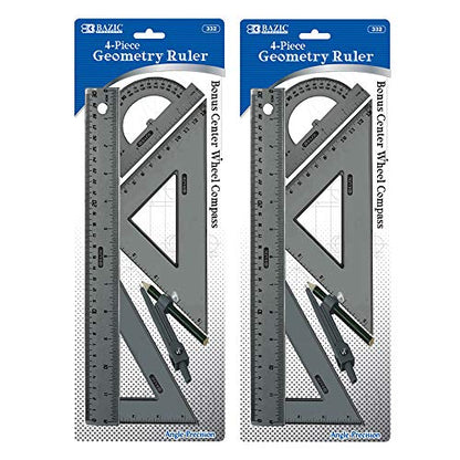 BAZIC Products 4-Piece Geometry Set with Compass, 2-Pack | 4-piece geometry set (12 in ruler, 30/60 and 45/90 triangles, 180-degree protractor) plus a compass - size: 2-Pack
