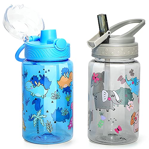 16oz Kids Water Drinking Bottle - Tritan BPA Free, Auto Flip Chug Lid, Sip Straw Lid, Carry Loop, Lightweight, Leak-Proof, Cute Design Girls & Boys - 2 Pack Elephant & Dinosaur - color: Elephant & Dinosaur