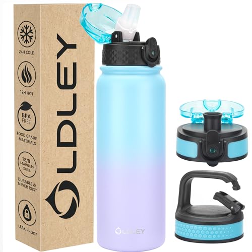Oldley Insulated Water Bottle 20oz Water Bottles with Straw, Stainless Steel Water Bottle with 3 Lids, Double Wall Vacuum Bottels for Adults School Kids,Leak-Proof Sport Bottles, Ombre Blue-purple - color: Ombre Blue-purple, size: 20 Ounces