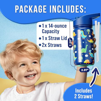 Klevly Stainless Steel 14 OZ Kids Water Bottle with Straw | BPA-Free Insulated Water Bottle with Leak-Proof Lid | Dinosaur Kids Water Bottle for School | Kids Stainless Steel Water Bottles - color: Dinosaur
