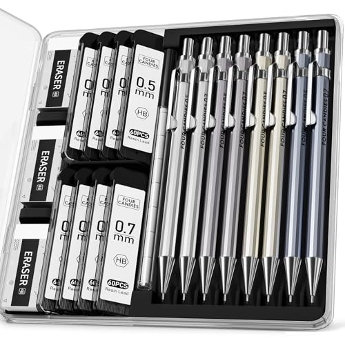 8PCS Metal Mechanical Pencil Set, 0.5mm & 0.7mm, Pack with Storage Case | 480 Leads, 3 Erasers+9 Refills, for School Writing, Sketching, Art Drawing & Professional Drafting - style: 8PCS 0.5 +0.7 mm