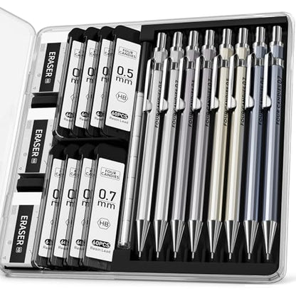 8PCS Metal Mechanical Pencil Set, 0.5mm & 0.7mm, Pack with Storage Case | 480 Leads, 3 Erasers+9 Refills, for School Writing, Sketching, Art Drawing & Professional Drafting - style: 8PCS 0.5 +0.7 mm