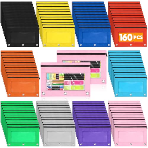160 PCS 3 Ring Pencil Pouches Bulk in 10 Colors, School Classroom Supplies | Pencil Pouch for 3 Ring Binder, Zipper Pencil Pouches with Clear Window for Classroom Office School Supplies - color: Multicolor
