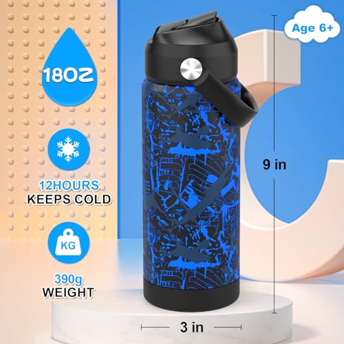 Boys Water Bottle with Straw,18 oz Kids Insulated Cups with Stainless Steel Leak Proof for School,Sport&Travel（Geometry-Blue） - color: A18.Geometry-Blue