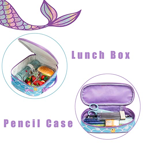 Meetbelify Girls Rolling Backpack Wheels Backpacks Kids Luggage for Elementary Preschool Students Cute Suitcase Trolley Trip Wheeled Mermaid Backpack with Lunch Box for Girls - color: 01 Blue Mermaid