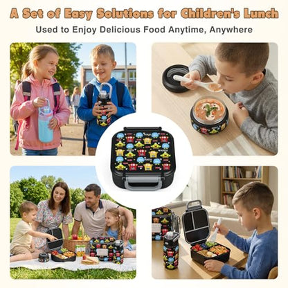 Bento Lunch Box for Kids with 7oz Soup Thermo,Insulated Stainless Steel Kids Water Bottle with Straw and Insulated Lunch Bag,Leak-Proof Lunch Food Container with Ice Pack for School(Black-Cute) - color: Black-Cute