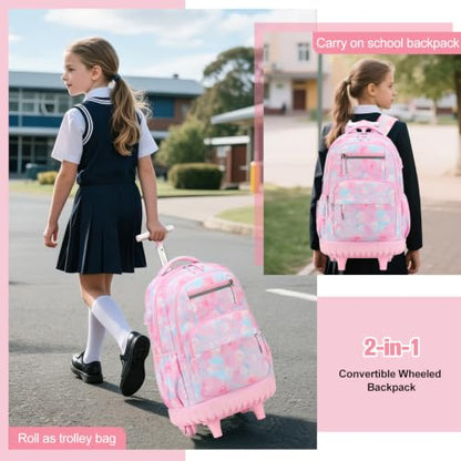ACESAK Rolling Backpack for Girls - Roller Wheels School bag with Lunch Bag & Pencil Pouch for Teen Girls Kids Wheeled Suitcase Backpacks, Elementary Middle School Travel Daypack (Pink Gradient) - color: Pink Gradient