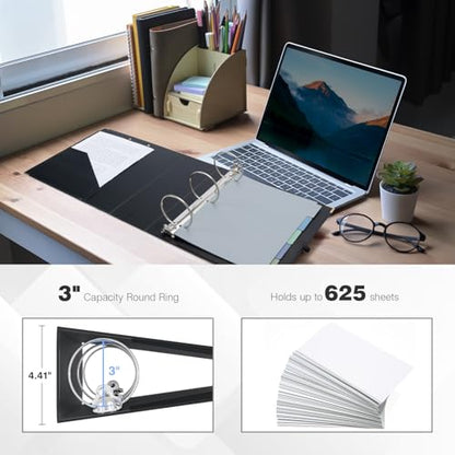 Ospelelf 3 Ring Binder, 3 Inch, Cute Letter Size (11" x 8.5") with 5 Tab Dividers, File Folder Labels and Low Profile Clipboards, Black Binder for School and Office Supplies - color: Black, size: 3in（Letter Size）