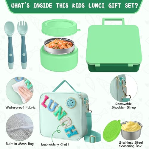 Aimsnk Lunch Box Kids with Thermo Insulated Lunch Bag for School, Green | Bento Lunch Box for Kids with 8oz Food Jar, Leak Proof Hot Lunch Containers with 4 Compartment, Warm Lunchbox for Toddler - color: Green