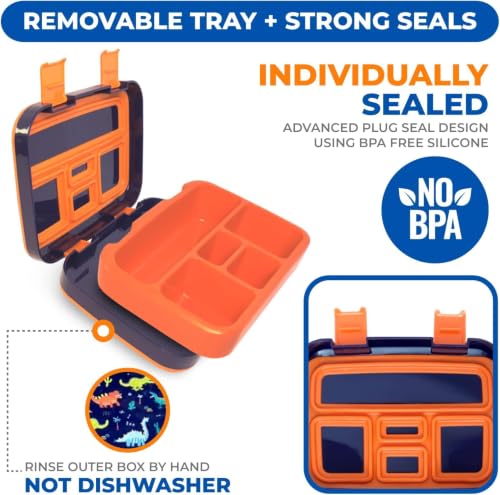 kinsho Bento Lunch Boxes for Boys Toddlers, 5 Portion Sections Secure Lid, Snack Container, Microwave Safe BPA Free Removable Plastic Tray, Pre-School Kid Daycare Lunches, 2 Pack Dinosaur + Rocket - color: Blue Orange & Red
