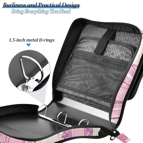 3 Ring Zipper Binder with Shoulder Strap Bow Tie Pink Buffalo Plaid 1.5 inch Binders Keeper Large Capacity Multi Pockets for School Office Supplies - color: Multi471, size: Fit 500 Sheets