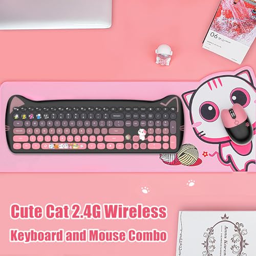 Cute Cat 2.4G USB Wireless Keyboard and Mouse Combo, Silent Keys, Candy Colors, Compatible with Notebook, PC (BlackPink-110Keys) - color: BlackPink-110Keys