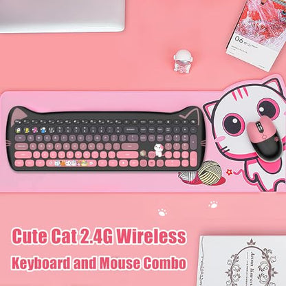 Cute Cat 2.4G USB Wireless Keyboard and Mouse Combo, Silent Keys, Candy Colors, Compatible with Notebook, PC (BlackPink-110Keys) - color: BlackPink-110Keys