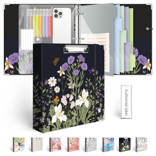 3 Ring Binder 2 Inch for 8.5"x11" Paper, Three Ring Binders with Clipboard, 5 Dividers with Tabs and Pockets, Plastic Folder, 18 Divider Stikers,Decorative Black Binder with Pen Holder,Weeds - color: Black Weeds, size: 2in（Letter Size）