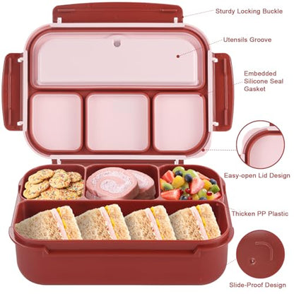 shell and turtle Bento Box Adult Lunch Box, Lunch Containers for Kids Girls Boys with 4 Compartments, Lunchable Food Container with Utensils, Sauce Jar, Muffin Liners, 40 Oz/5 Cup, Retro Red - color: Retro Red