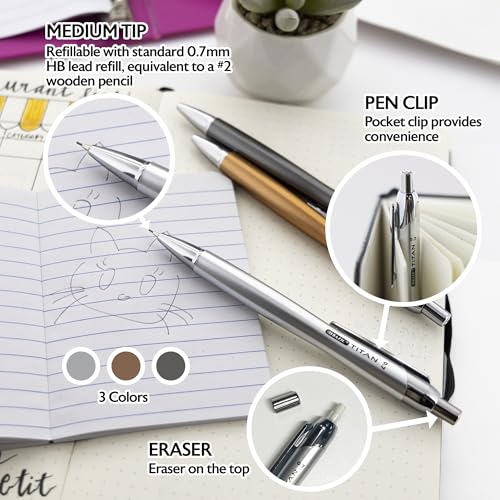BAZIC PRODUCTS Titan 0.7 mm Mechanical Pencils, HB Lead, 3 Count, 24-Box | click-advance, refillable, Eraser under cap, school, office, tests, notes, sketching - size: 24-Pack