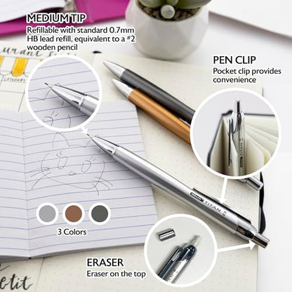 BAZIC PRODUCTS Titan 0.7 mm Mechanical Pencils, HB Lead, 3 Count, 24-Box | click-advance, refillable, Eraser under cap, school, office, tests, notes, sketching - size: 24-Pack