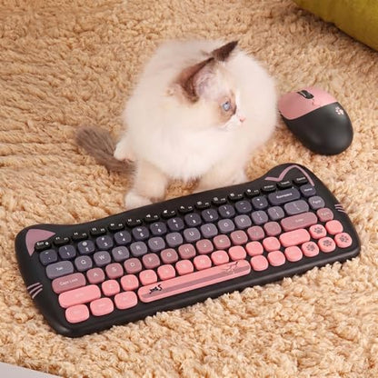 Cute Cat 2.4G USB Wireless Keyboard and Mouse Combo, Silent Keys, Candy Colors, Compatible with Notebook, PC (BlackPink-84Keys) - color: BlackPink-84Keys