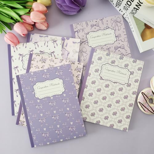 6 Pack Purple Bow Composition Notebooks, Cute Preppy Coquette Notebook, 9-3/4 x 7-1/2" Aesthetic College Ruled Journal, Back to School Gifts Preppy School Supplies, 110 Pages - color: Purple