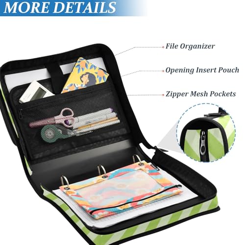 Green Stripes Zipper Binder 3 Ring 1.5 Inch School Binder Organizer with Shoulder Strap Handle File Folder Pockets Large Capacity Students Girl Boy Men Office Work - color: Green Stripes
