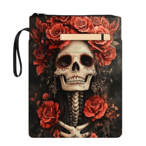 Padded Book Sleeve with Zipper & Front Pocket, Fabric Book Cover | Gothic Red Rose Skull Bone11.4"x8.7" Washable Canvas Pouch for Hardcovers, Tablets & Reading Accessories - color: Gothic Red Rose Skull Bone