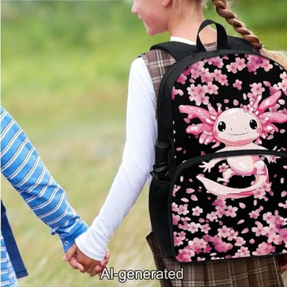 Cute Axolotl Backpack School Set 3Pcs with Lunch Box Pencil Case Sports Bookbag Back Pack Lightweight Casual Daypacks for Elementary Primary Middle School - color: Cute Axolotl