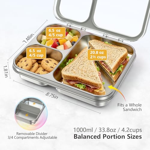 Stainless Steel Bento Lunch Box, 34oz/1000ml Leak Proof Metal Container, Lightweight 3mm Ultra-Narrow Bezel with Tritan Lid for Kids & Adults, 3-Compartment, BPA/BPS Free, Dishwasher Safe, Gray - color: Gray, size: 34oz/1000ml