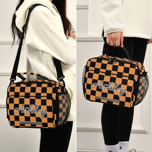 Custom Student Lunch Bag for Boys Girls Black Orange Checkerboard Personalized Lunch Box With Name Insulated Cooler Bag for School Picnic Travel - color: Multi01